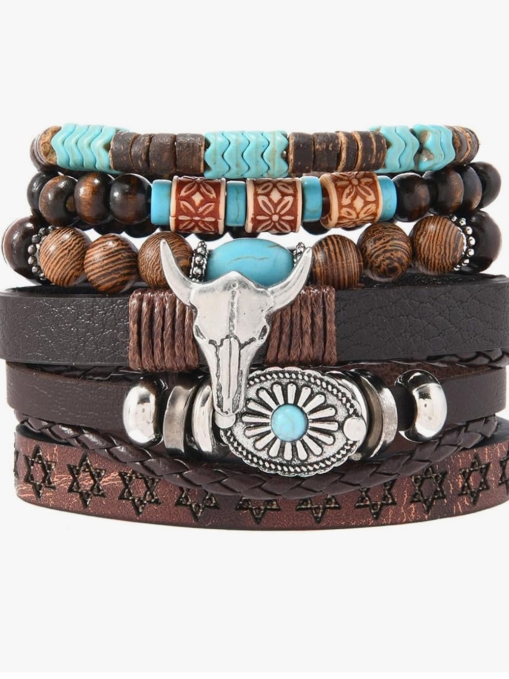 Western Boho Turquoise & Brown Layered Bracelet Set